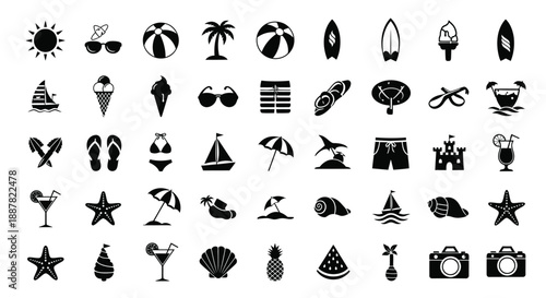 Collection of black silhouette beach icons on white background