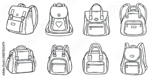 A collection of various backpack and handbag designs in outline vector style, ideal for fashion and accessory branding