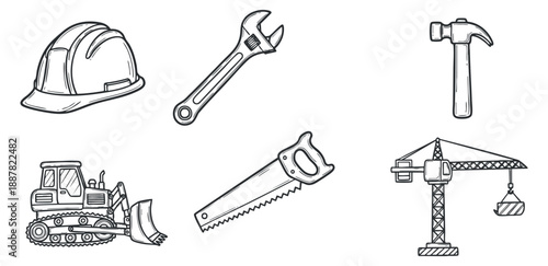 A collection of construction tools including a hard hat, wrench, saw, hammer, excavator, and crane in black and white outline vector style, ideal for construction and engineering projects