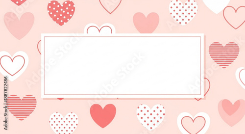 Valentine's day background with pink and red hearts and blank white text box for love messages