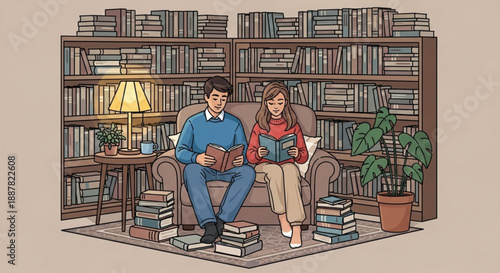 Couple reading books together on couch in library with shelves
