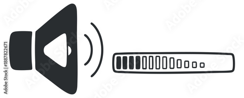 A speaker icon with sound waves and a volume control bar in black and white minimalist vector style, suitable for audio-related projects