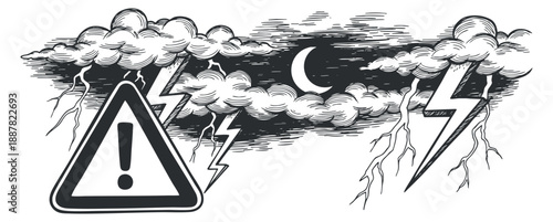 A warning sign with clouds and lightning in black and white illustrative vector style, ideal for weather-related designs