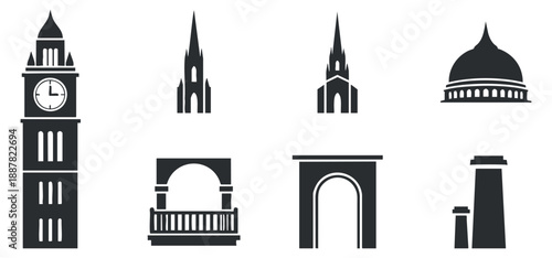 A collection of iconic landmarks including a clock tower, church spires, and arches in black and white minimalist vector style, ideal for travel and cityscape designs