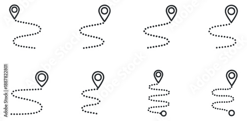 A set of location markers with dotted paths in minimalist outline vector style, suitable for navigation and travel applications