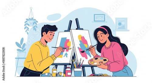 Man and woman painting together in art studio with colorful canvases