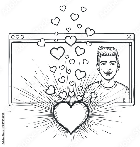 A smiling young man inside a computer screen surrounded by hearts in black and white outline vector style, ideal for online dating themes