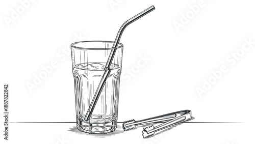A glass of beverage with a straw and tongs in black and white outline vector style, ideal for bar menus and restaurant branding