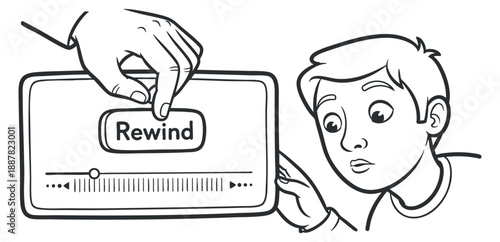 A hand pressing a rewind button on a playback interface in black and white vector style, suitable for media and entertainment projects