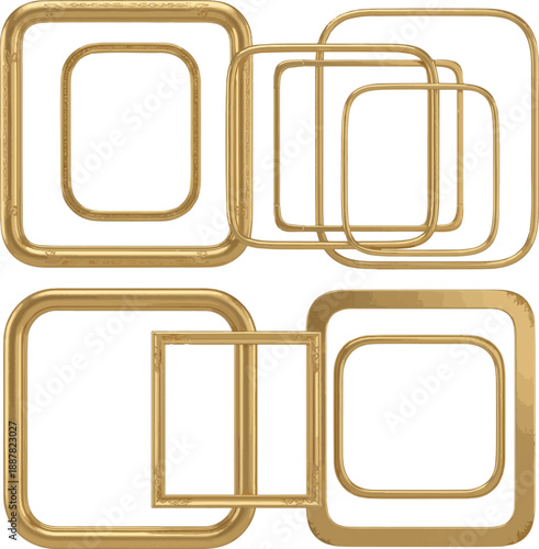 Create a kinds of deferent realistic Gold frame square with rounded corners isolated on white. 3d rendering vector art with white background.