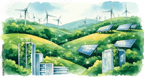 Renewable Energy Landscape with Solar Panels and Wind Turbines