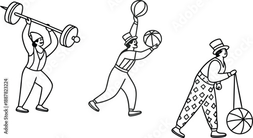 Vintage circus performers juggling weights and balls in dynamic poses