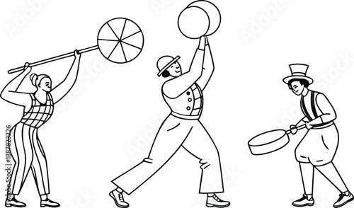 Vintage circus performers playing drums and cymbals in dynamic poses