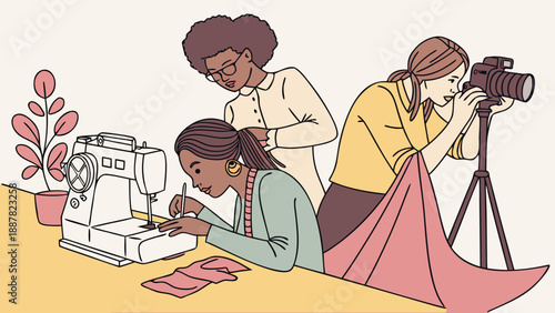 Two women collaborating on creative fashion project with photographer capturing moments