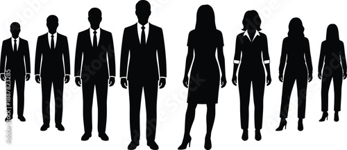 Collection, of, diverse, professional, business, people, silhouettes, standing, in, a, row, including, corporate, executives, and, office, workers, on, white, background