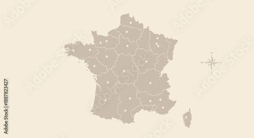 Vector map of France with regions and compass