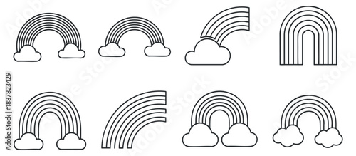 A collection of rainbow and cloud illustrations in outline vector style, perfect for playful designs and children's projects