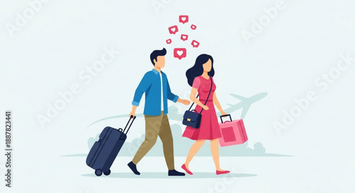 Couple walking with luggage and hearts symbolizing love and travel