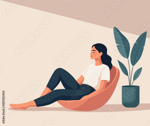 A vector illustration with space for text of a relaxed woman sitting in a bean bag chair with her eyes closed, next to a plant. Ideal for content about health, mindfulness, self-care, mental health