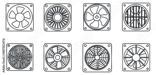 A set of eight different fan designs in black and white outline vector style, ideal for engineering and technology projects