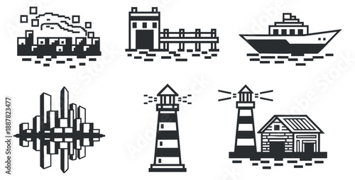 A set of nautical-themed vector icons including lighthouses, a boat, and a harbor in black and white outline style, suitable for maritime design projects