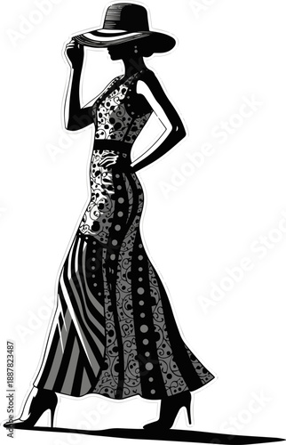 Create a realistic Elegant woman in a fancy black and white dress and wearing a hat walking in high heels in backlight. vector art with white background..