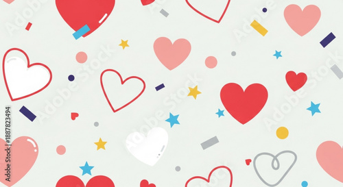 Colorful heart pattern with confetti on white background for love and celebration