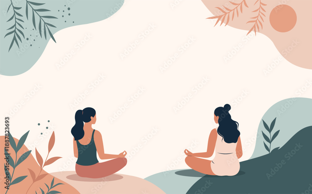 Obraz premium Vector illustration of two women meditating in the yoga lotus position, soft pastel botanical elements. Calm with ample space for text. For content health, mindfulness, yoga, self-care