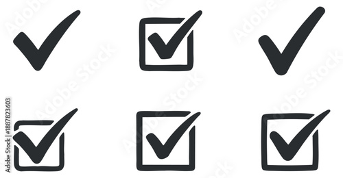 A collection of checkmarks and checkboxes in black minimalist vector style, perfect for user interface design and task management