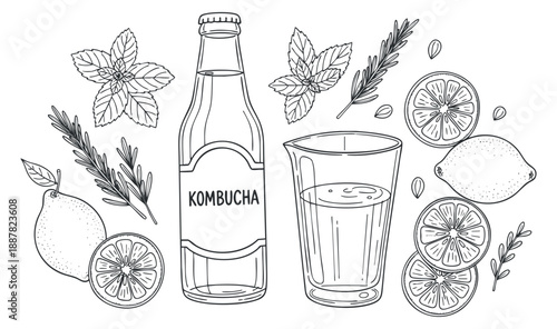 A detailed illustration of kombucha with a glass, lemons, and fresh herbs in black and white line art style, ideal for health and wellness branding