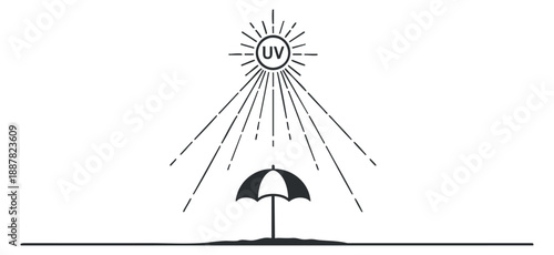 A minimalistic illustration of a sun with UV rays shining over an umbrella in black vector style, ideal for safety awareness and summer themes