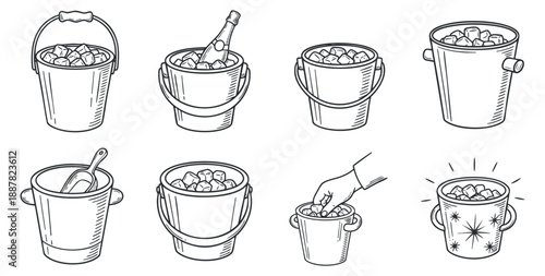 A collection of ice buckets with various designs in outline vector style, suitable for party and beverage illustrations