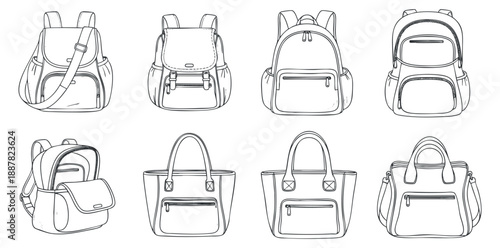 A collection of various bag designs including backpacks and handbags in clean outline vector style, ideal for fashion and accessory branding