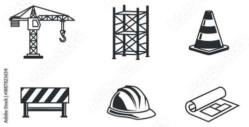 A collection of construction icons including a crane, scaffold, traffic cone, hard hat, and blueprint in black and white minimalist vector style, perfect for construction and engineering projects