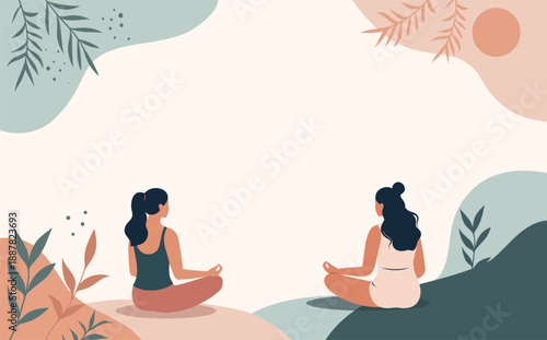 Vector illustration of two women meditating in the yoga lotus position, soft pastel botanical elements. Calm with ample space for text. For content health, mindfulness, yoga, self-care