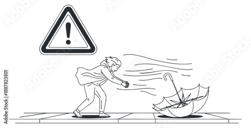 A man struggling to hold an umbrella in strong wind, depicted in black and white minimalist vector style, suitable for safety and weather awareness campaigns