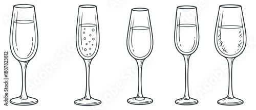 A set of five outline glasses, showcasing different beverages in minimalist vector style, ideal for cocktail menus and event branding