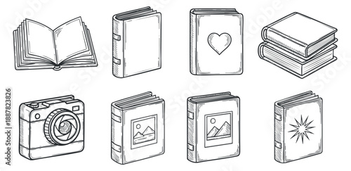 A collection of illustrated books and a camera in outline vector style, perfect for educational and creative projects