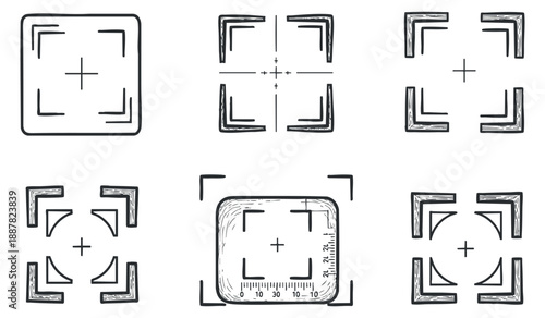 A set of various camera focus frame icons in black and white outline vector style, ideal for digital design and user interfaces