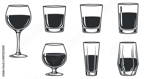 A collection of various types of drinking glasses in black and white outline vector style, suitable for bar menus and beverage branding