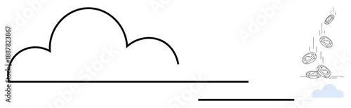 Cloud computing, digital finance, online transactions, technology-driven economy, remote operations, global connectivity. Minimalist cloud with coins falling to digital finance. Cloud computing