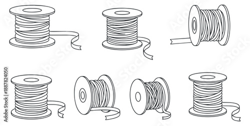 A collection of sewing spools with thread in outline vector style, ideal for crafting and textile design projects