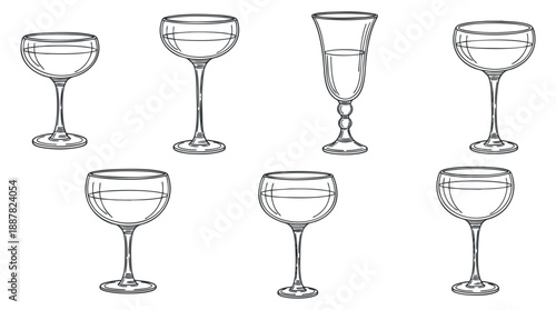 A collection of various drink glasses in clean line art style, suitable for cocktail menu design and bar branding
