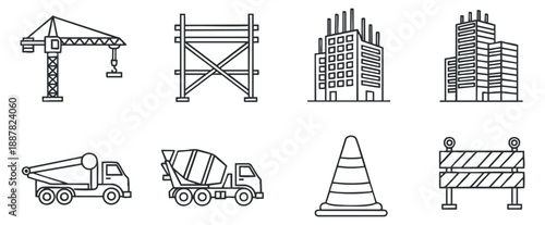A collection of construction icons including a crane, scaffolding, cement truck, and safety cone in minimal outline vector style, perfect for construction and engineering projects