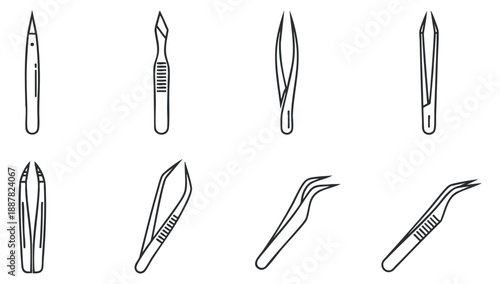 A set of various tweezers and surgical tools in clean black and white outline vector style, suitable for beauty and medical applications