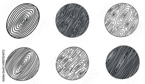 A collection of six circular wood grain patterns in black and white minimalist vector style, suitable for design projects and backgrounds