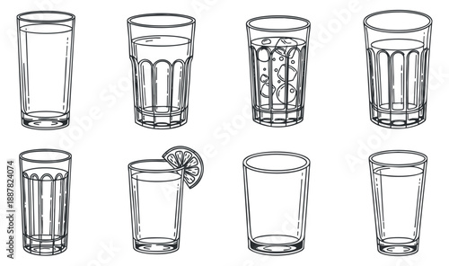 A collection of various glass types including highball, tumbler, and cocktail glasses in minimalist outline vector style, ideal for beverage branding and design.