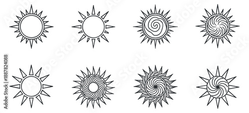 A collection of eight unique sun icons in black and white outline vector style, perfect for weather-themed designs
