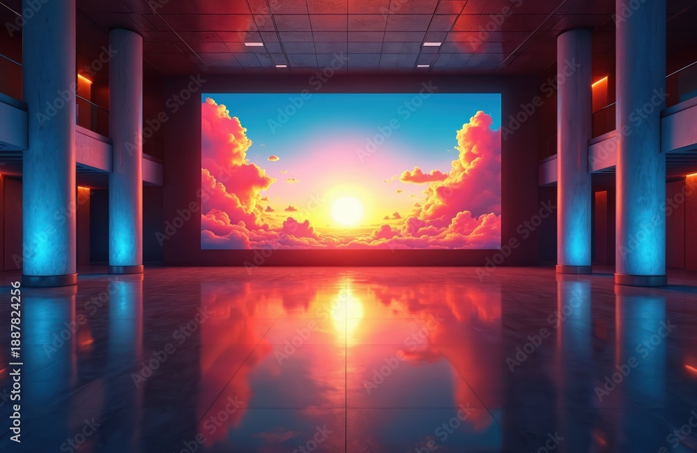 Naklejka premium Large screen displays sunrise over clouds in modern lobby. Sleek interior with columns and reflective floor. Dramatic lighting creates vibrant atmosphere.