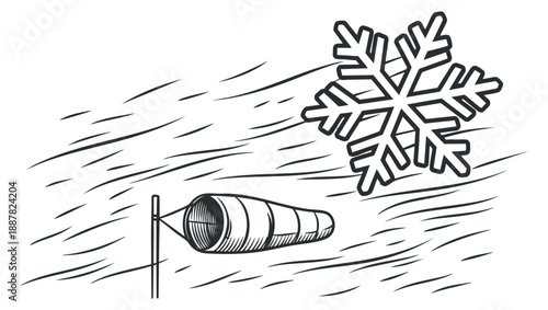 A snowflake and wind indicator in black and white outline vector style, suitable for weather-related designs and illustrations